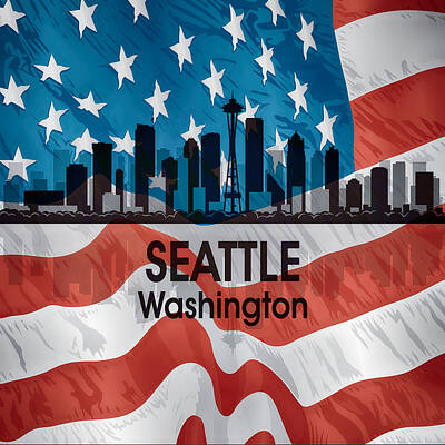 Abstract Skyline Digital Art - Seattle WA American Flag Squared by Angelina Tamez