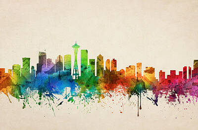 Skylines Paintings - Seattle Washington Skyline 05 by Aged Pixel