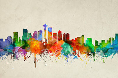 Skylines Paintings - Seattle Washington Skyline 21 by Aged Pixel