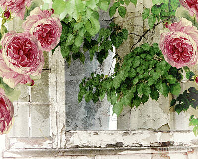 Roses Royalty-Free and Rights-Managed Images - Shabby Cottage Window by Mindy Sommers