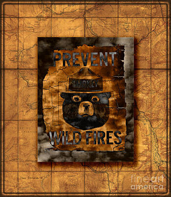 Mammals Digital Art - Smokey The Bear Prevent Wild Fires On Vintage Yellowstone Map  by Lone Palm Studio