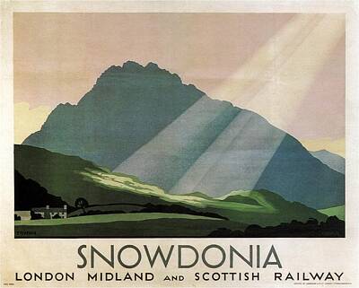 Mountain Mixed Media Rights Managed Images - Snowdonia, Wales - London Midland and Scottish Railway - Retro travel Poster - Vintage Poster Royalty-Free Image by Studio Grafiikka