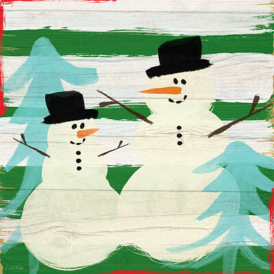 Food And Beverage Paintings - Snowmen With Blue Trees- Art by Linda Woods by Linda Woods