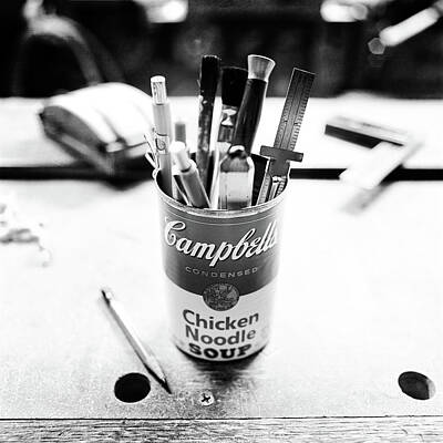 Packaging Photos - Soupcan Pencil Holder on Workbench in BW by YoPedro