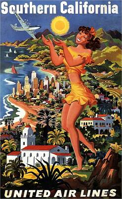 Transportation Mixed Media - Southern California - United Air Lines - Retro travel Poster - Vintage Poster by Studio Grafiikka