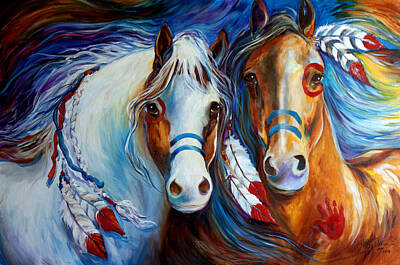 Animals Paintings - Spirit Indian War Horses Commission by Marcia Baldwin