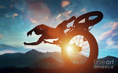 Athletes Photos - Sportsman doing bike stunts in mountains. by Michal Bednarek