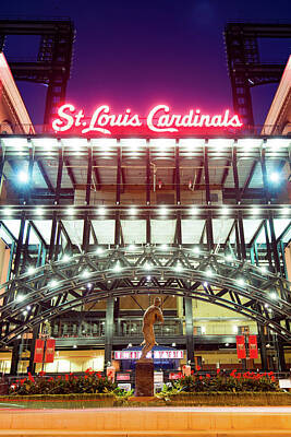 Sports Royalty-Free and Rights-Managed Images - Saint Louis Ballpark Neon Glow And Baseball Legend by Gregory Ballos