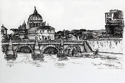 Fantasy Drawings Rights Managed Images - St Peters Basilica beyond the Tiber River Royalty-Free Image by Robert Yaeger