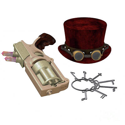 Steampunk Royalty-Free and Rights-Managed Images - Steampunk Hat Goggles Gun Keys by Corey Ford