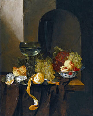  Painting - Still-life Of Oysters Grapes Wine And Other Fruits by Jacques de Claeuw