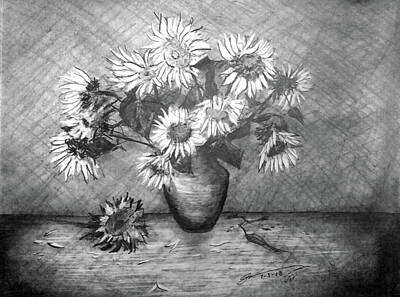 Still Life Drawings Royalty Free Images - Still Life - Vase with 13 Sunflowers Royalty-Free Image by Jose A Gonzalez Jr