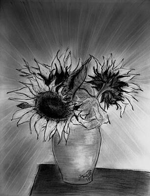 Still Life Drawings Royalty Free Images - Still Life - Vase with 3 Sunflowers Royalty-Free Image by Jose A Gonzalez Jr