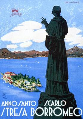 Royalty-Free and Rights-Managed Images - Stresa Borromeo - Monument Looking down on the Town - Retro travel Poster - Vintage Poster by Studio Grafiikka