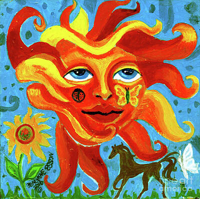 Animals Paintings - Sunface With Butterfly And Horse by Genevieve Esson