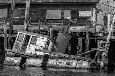 Transportation Photos - Sunken Boat In Noyo Harbor In Black And White by Bill Gallagher