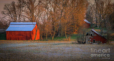 Lake Life Royalty Free Images - Sunrise Illumination Red Barns Kentucky Farming Art Royalty-Free Image by Reid Callaway
