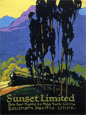 Landscapes Paintings - Sunset Limited - Steam Engine Locomotive through the forest highlands - Vintage Railroad Advertising by Studio Grafiikka