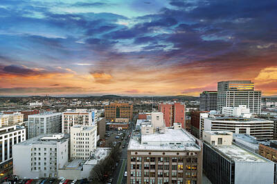 Antique Maps - Sunset Over Portland Oregon Cityscape by Jit Lim