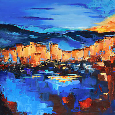 Best Sellers - Abstract Skyline Paintings - Sunset Over the Village 2 by Elise Palmigiani by Elise Palmigiani