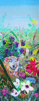 Surrealism Mixed Media - Surreal sheep and flowers - Hiding in the garden by Mike Jory