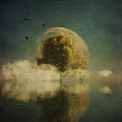 Back To School For Guys -  Surrealistic landscape with yellow birch and full moon by Jan Keteleer