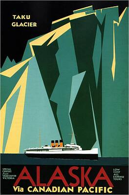 Best Sellers - Beach Mixed Media - Taku Glacier - Alaska - Canadian Pacific Steamship - Retro travel Poster - Vintage Poster by Studio Grafiikka