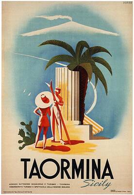 Mountain Royalty-Free and Rights-Managed Images - Taormina, Sicily, Italy - Couples - Retro travel Poster - Vintage Poster by Studio Grafiikka