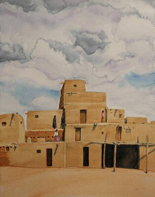Landmarks Painting Rights Managed Images - Taos Pueblo 1990 Royalty-Free Image by Michele Myers