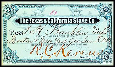 Cities Drawings - Texas and California Stage Company Boston and New York Air Line Railroad Ticket 19th Century by Peter Ogden