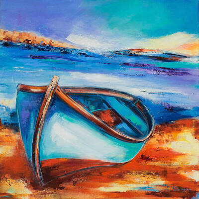 Skylines Paintings - The Blue Boat by Elise Palmigiani