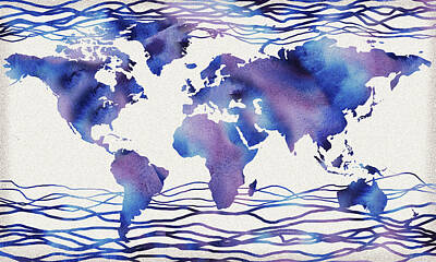 Lucille Ball - The Blue Wave Watercolor World Map by Irina Sztukowski