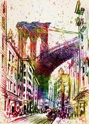 Skylines Paintings - The Brooklyn Bridge 03 by Aged Pixel