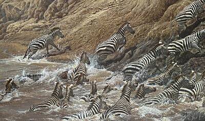 Reptiles Paintings - The Crossing - Zebra Migration by Alan M Hunt