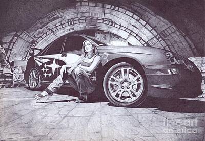 Sports Drawings - The girl at the car by Oleg Kozelskiy
