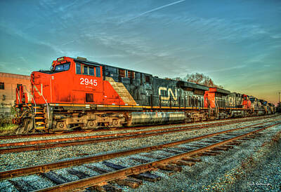 Transportation Rights Managed Images - CN 2945 The Line Up Canadian National Norfolk Southern Locomotives Art Royalty-Free Image by Reid Callaway