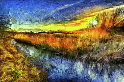 Landscapes Mixed Media Royalty Free Images - The Sunset River Van Gogh Royalty-Free Image by David Pyatt