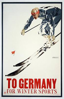 Sports Mixed Media - To Germany for Winter Sports - Retro travel Poster - Vintage Poster - Ski Poster by Studio Grafiikka