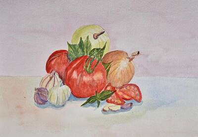 Food And Beverage Paintings - Tomatoes and Onions by Linda Brody