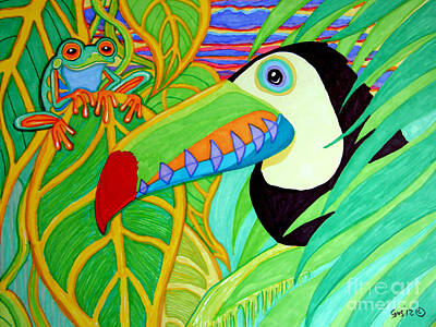 Birds Drawings - Toucan and Red Eyed Tree Frog by Nick Gustafson
