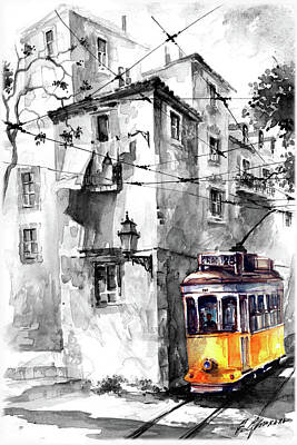 The Art Of Pottery - Tram in Lisboa Graca Black and White by Georgi Charaka