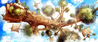 Steampunk Paintings - Treeship Pirates of the Sky by Luis Peres