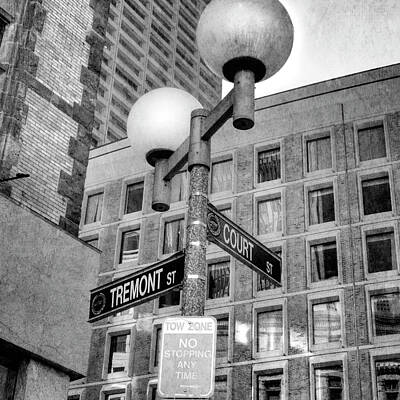 Bumble Bees - Tremont and Court St Urban Black and White Boston Lamp Post by Joann Vitali