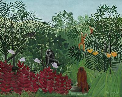 Recently Sold - Surrealism Rights Managed Images - Tropical Forest With Monkeys Royalty-Free Image by Henri Rousseau