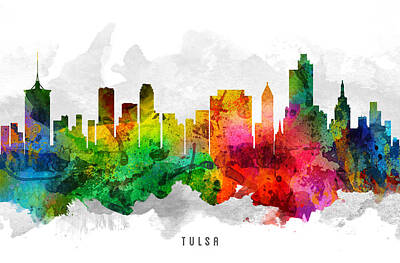 Skylines Paintings - Tulsa Oklahoma Cityscape 12 by Aged Pixel