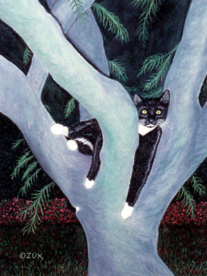1-war Is Hell - Tuxedo Cat in Mimosa Tree by Karen Zuk Rosenblatt
