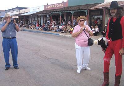Modern Abstraction Pandagunda - Two photographers and subject in red long johns Tombstone Arizona 2004 by David Lee Guss