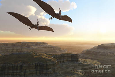 Reptiles Royalty Free Images - Two Pterodactyl Flying Dinosaurs Soar Royalty-Free Image by Corey Ford