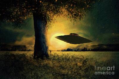Science Fiction Royalty-Free and Rights-Managed Images - UFO at Twilight by Raphael Terra and Mary Bassett by Esoterica Art Agency