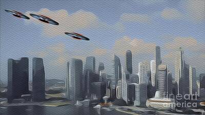 Science Fiction Royalty Free Images - UFOs Over City Royalty-Free Image by Esoterica Art Agency